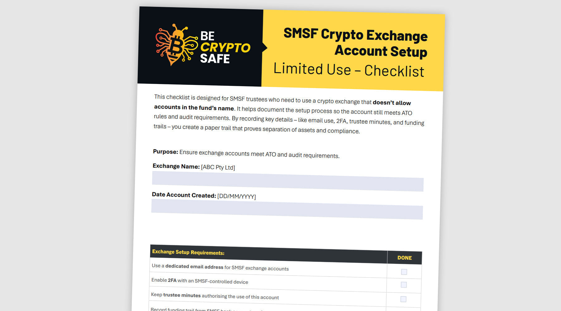 SMSF Crypto Exchange Account Setup Checklist for SMSFs Limited use